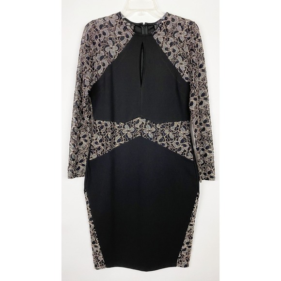 VENUS Stretch Lace Black Knit Keyhole Bodycon Dress Womens Size M Knee Length - Picture 1 of 4